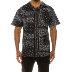 Victorious Black Baseball Jersey Bandana Paisley Button Down Shirt Men's L NWOT